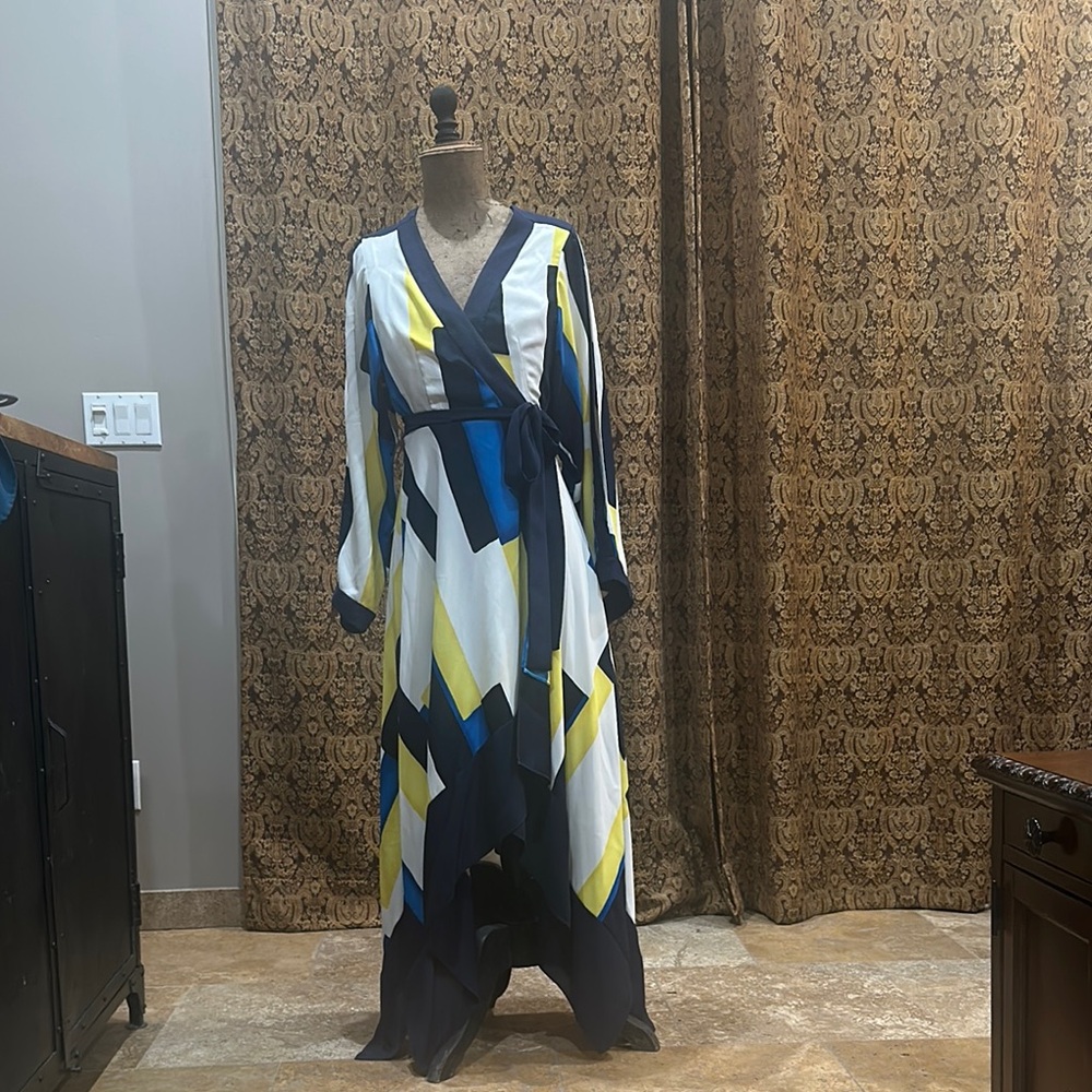 BCBGMaxAzria White and Blue Wrap Gown with Bishop Sleeves